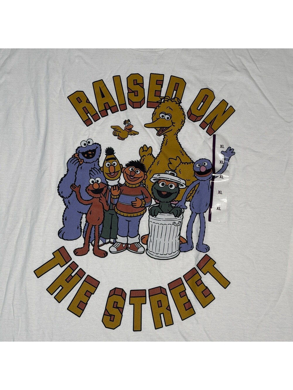 Sesame Street Mens Raised On The Street White Shirt New XL Big Bird Cookie Bert - Picture 2 of 6